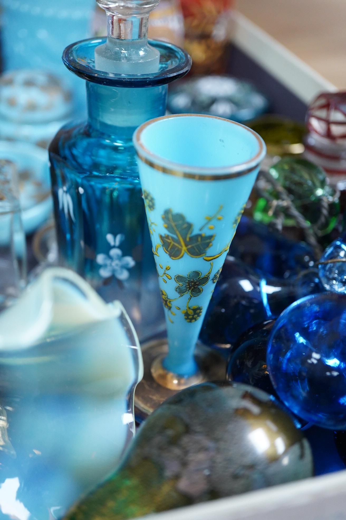A collection of 19th century and later glassware to include gilt scent bottles, fruit ornaments and beakers, largest 14cm high